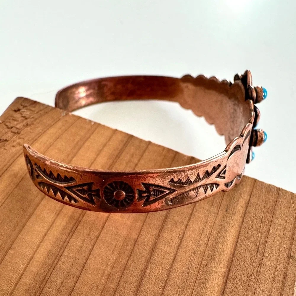 Vintage Solid Copper Faux Turquoise Cuff Bracelet Southwestern Stamped Design
